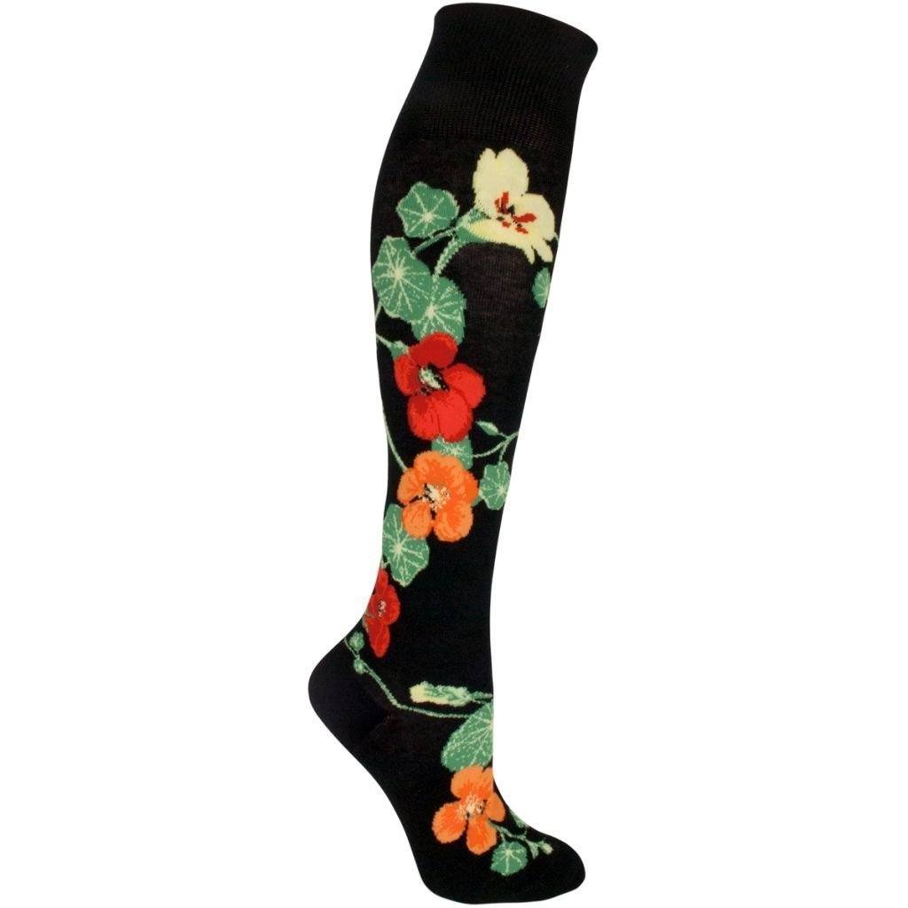 Black knee high sock with trailing nasturtium vines and red, orange and yellow flowers