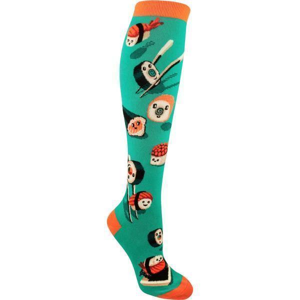Women's teal knee high socks covered in smiling kawaii sushi rolls and nigiri with orange cuffs and toes