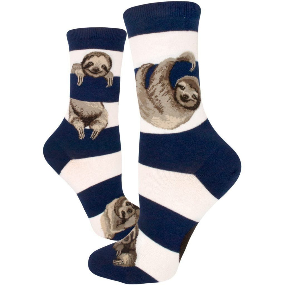 Navy and cream striped crew socks with sloths climbing the stripes
