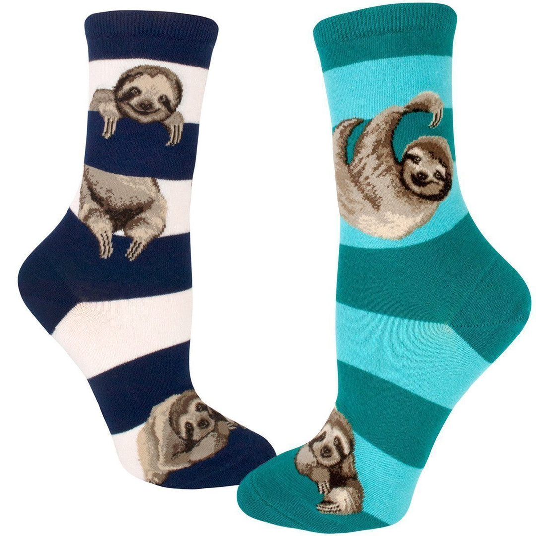 Two pairs of striped crew socks with grinning sloths, one navy and cream and one teal and aqua