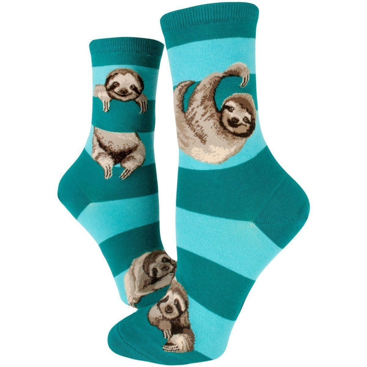 Teal and aqua striped crew socks with hanging sloths