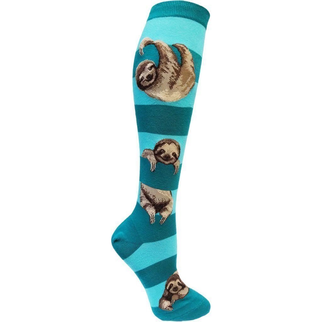 Teal and aqua striped knee high sock with grinning sloths climbing the stripes