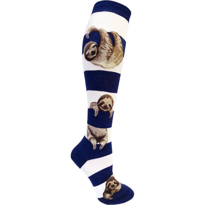 Navy and white striped knee high sock with hanging sloths