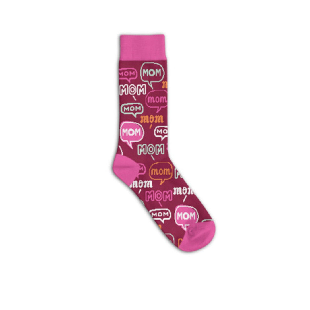 Berry-red crew sock with colorful MOM speech bubbles in pink, white and orange and bright pink cuff, heel and toe