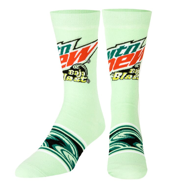 Front view of the Baja Blast crew socks showing the soda logo on a light green background