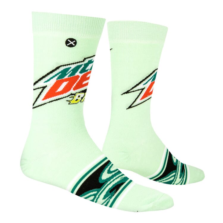 Side view of the Baja Blast crew socks showing the angled Mtn Dew logo and wave detail