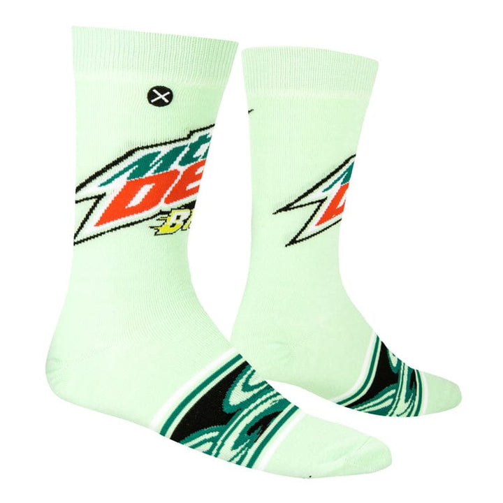 Side view of the Baja Blast crew socks showing the angled Mtn Dew logo and wave detail
