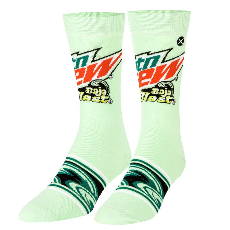 Men's mint-green crew socks with the Mtn Dew Baja Blast logo and a teal swirling wave band near the foot