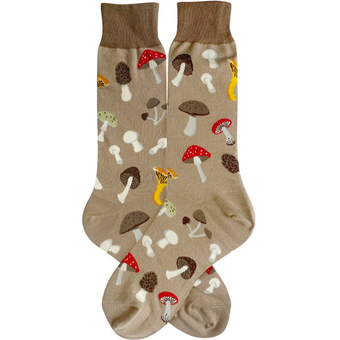 Tan men's crew socks with brown ribbed cuff covered in red toadstools, morels, chanterelles, and white button mushrooms