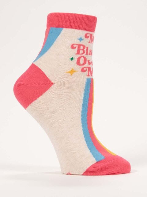 Side view of the cream and pink My Bladder Owns Me ankle sock showing the rainbow stripe wrapping the heel