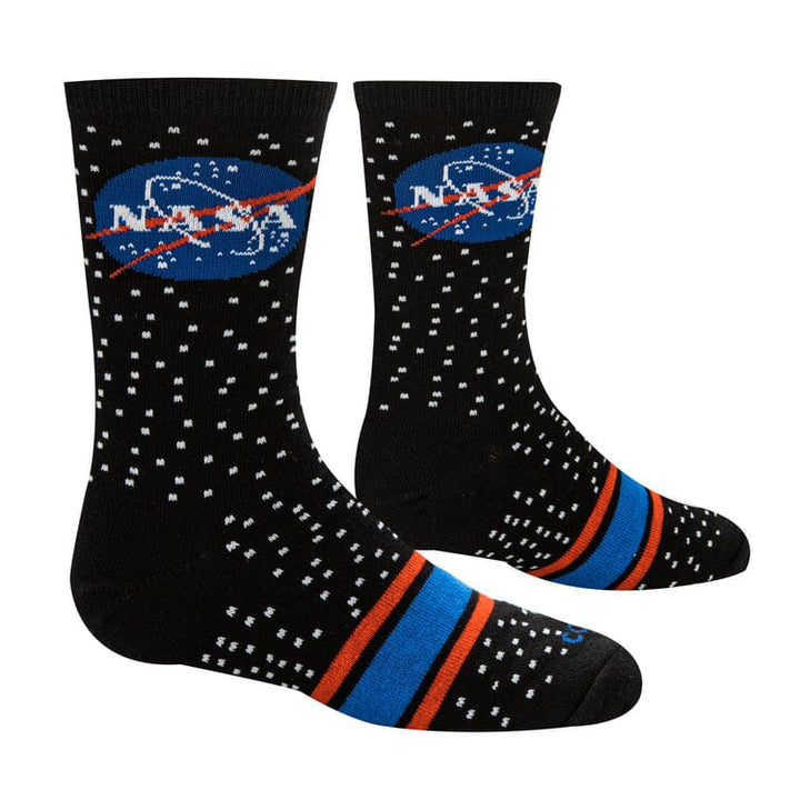 Top-down view of the NASA socks showing the logo on the leg and stars across the foot