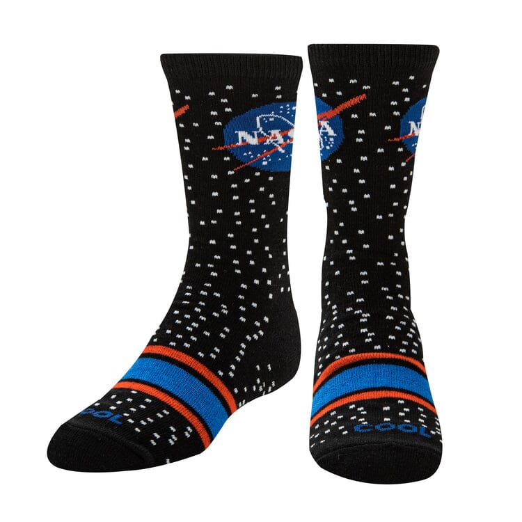 Front view of the NASA kids' socks showing the logo and starry pattern with striped feet