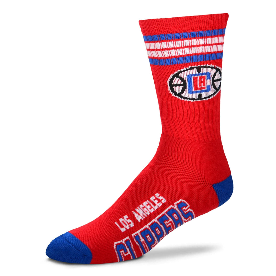 Men's red Los Angeles Clippers crew socks with blue and white stripes, LA Clippers logo, and blue heel and toe