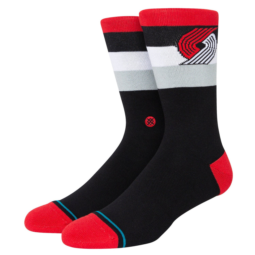 Portland Trail Blazers crew socks in black with red, white and gray striped cuff, pinwheel logo and red heels and toes