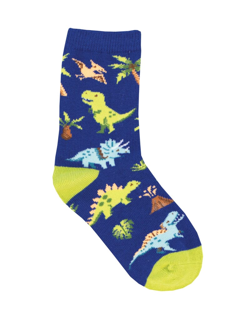 Kids' nervous rex crew socks, flat lay showing green dinosaurs, palm trees and a volcano on blue with lime toe