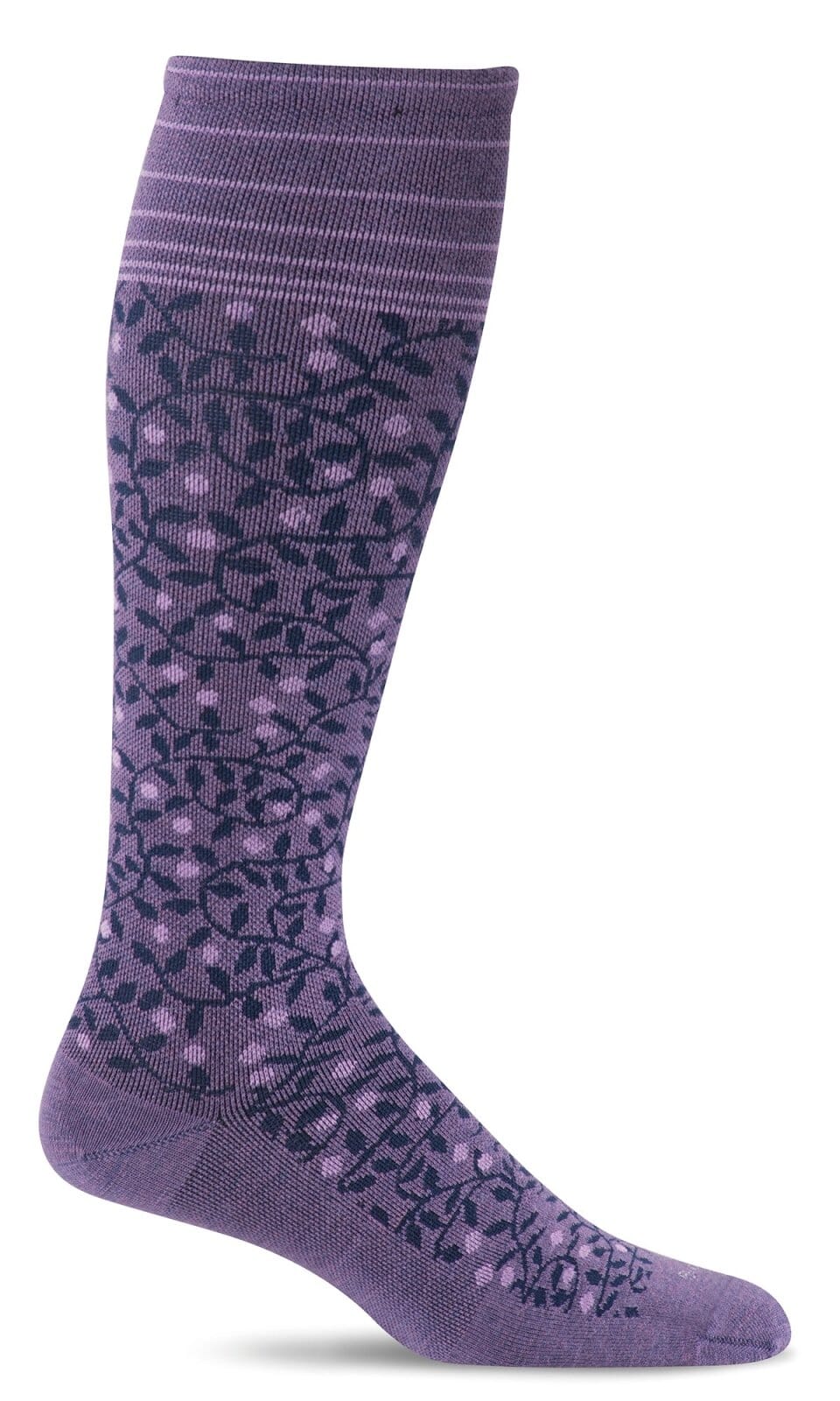 Plum purple knee-high compression sock with navy and lilac leaf-and-vine pattern and striped cuff, shown on a foot form