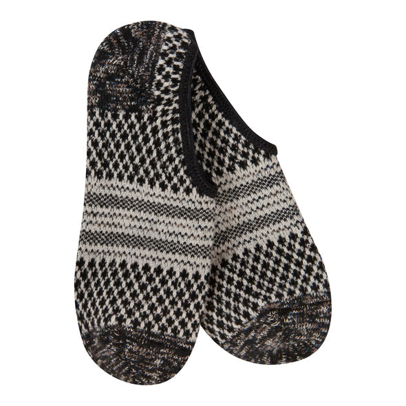 Women's textured no-show slipper socks in speckled black and cream with black trim, shown as a pair