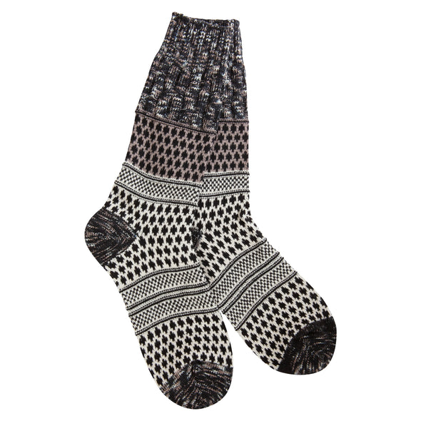Pair of women's textured crew socks with black, cream, and metallic geometric patterned bands