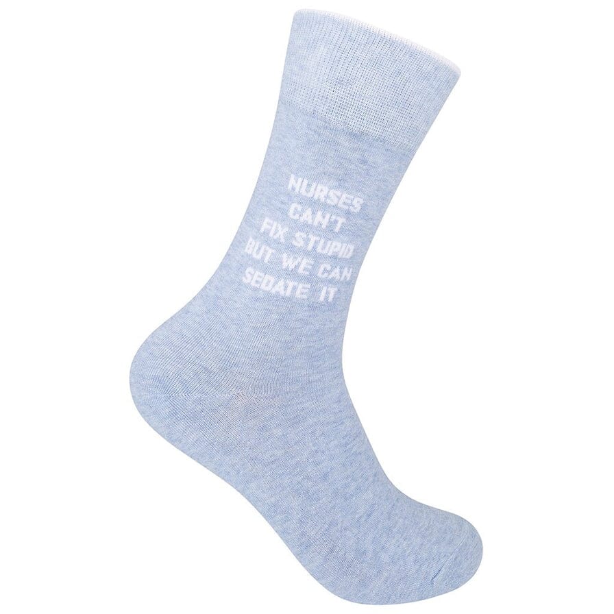 Light blue crew sock toe-down reading &