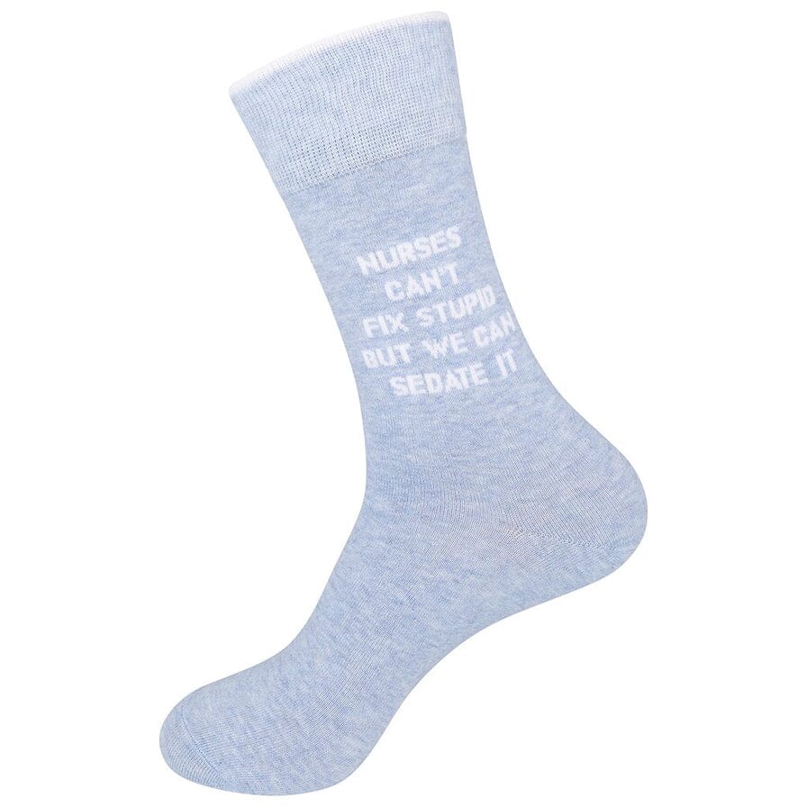 Standing side view of the light blue nurse novelty sock showing the complete white lettering
