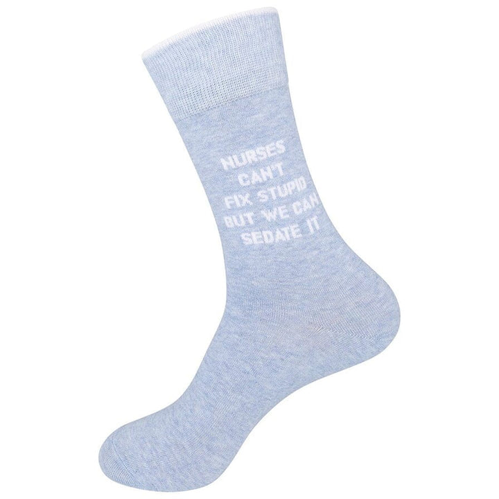 Standing side view of the light blue nurse novelty sock showing the complete white lettering