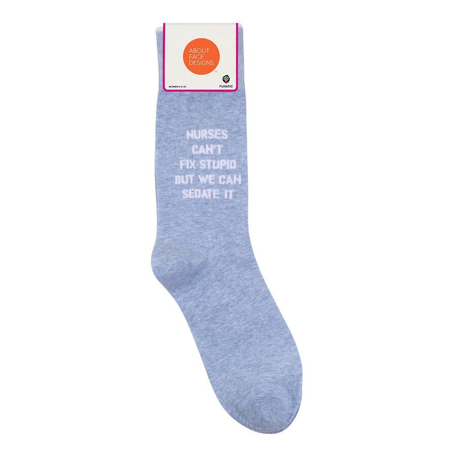 Blue nurse saying sock with About Face Designs header card showing the quote and Funatic branding