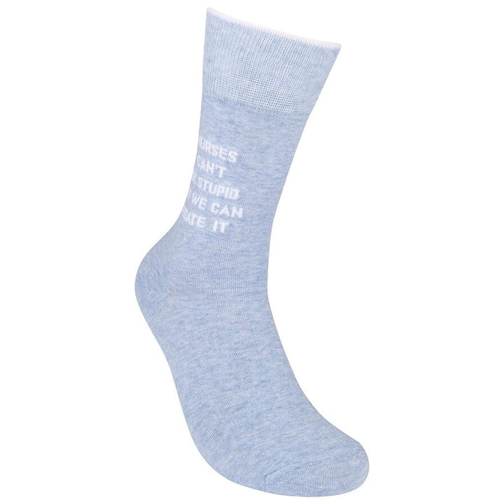 Side view of the blue nurse sock with the saying partially visible along the leg
