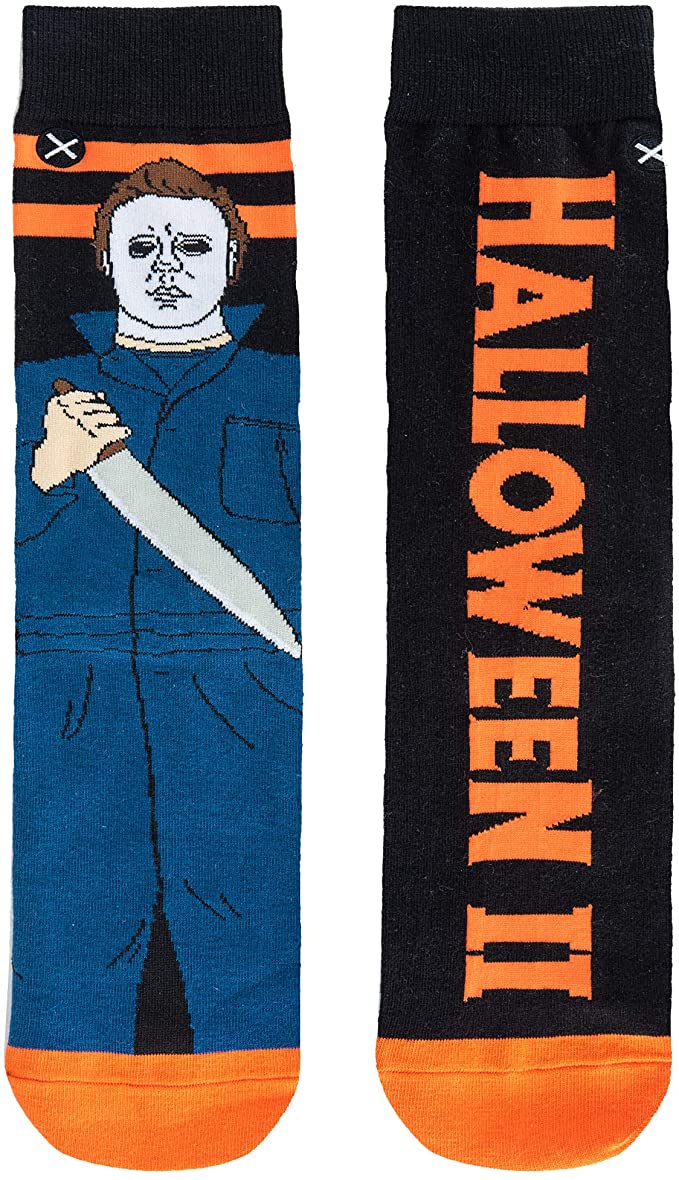 Close-up of the Halloween II socks showing Michael Myers holding a knife beside the orange title text