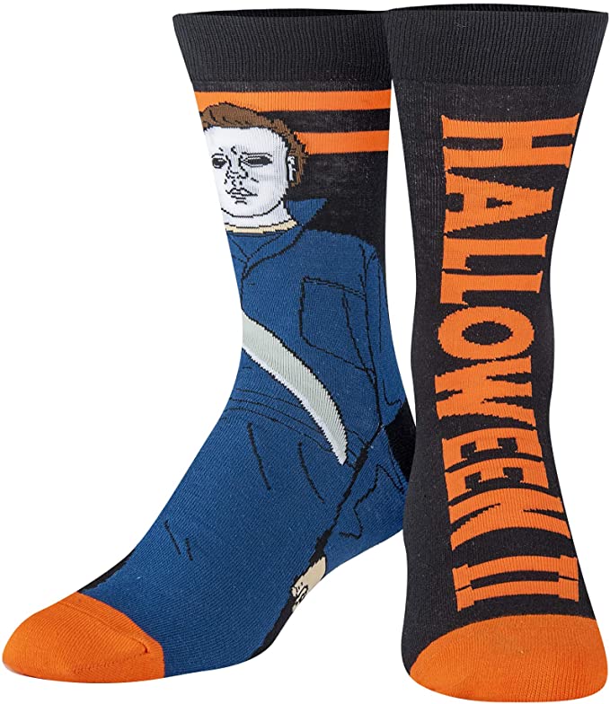 Pair of dark men's crew socks with masked Michael Myers in coveralls and orange "HALLOWEEN II" lettering