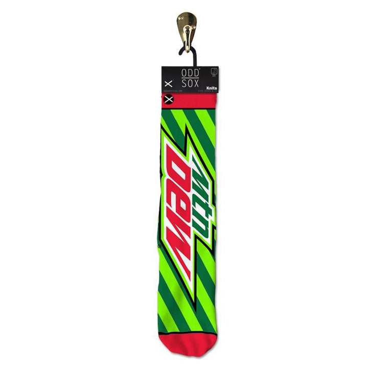 Mountain Dew crew socks shown in Odd Sox packaging hanging on a hook, logo facing out