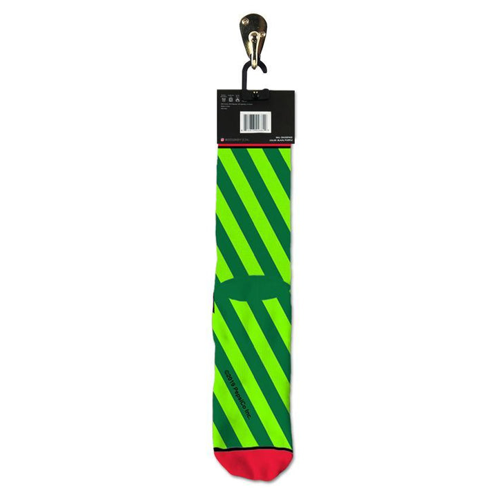 Back of the Mountain Dew crew socks in packaging showing the green diagonal stripe pattern and barcode label