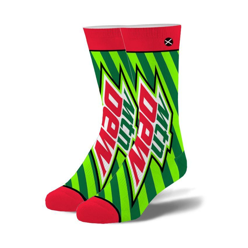 Men's green Mountain Dew crew socks displayed as a pair with red Mtn Dew logos, diagonal stripes, and red toes