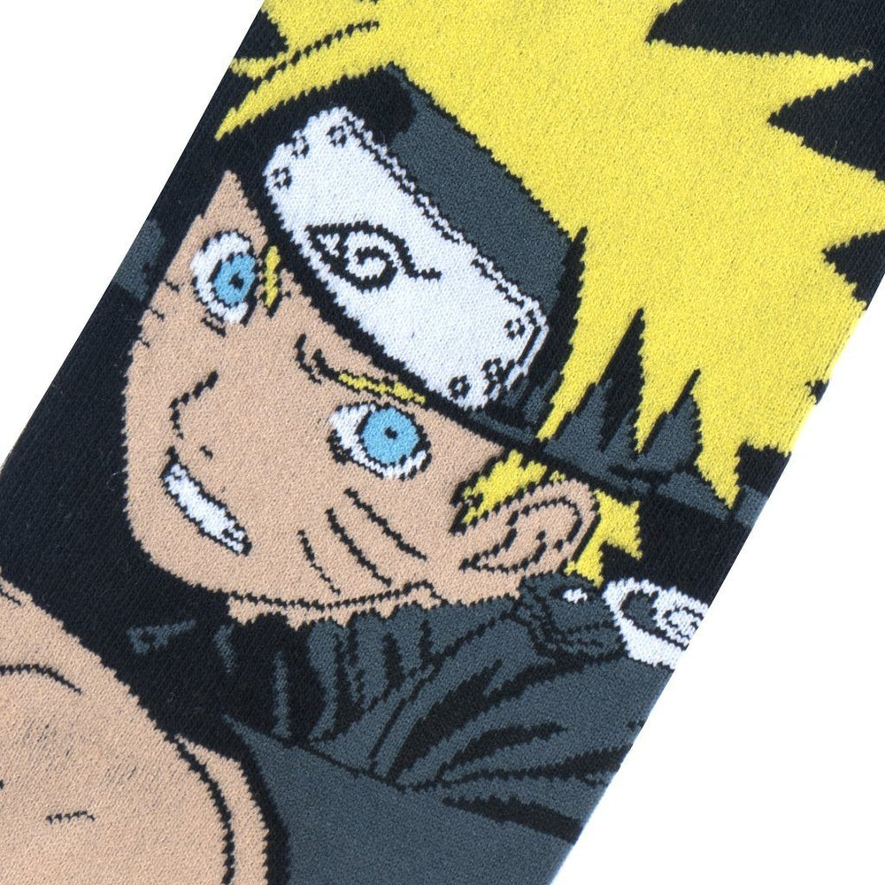 Close-up of Naruto's determined face and leaf-village headband knit into the sock