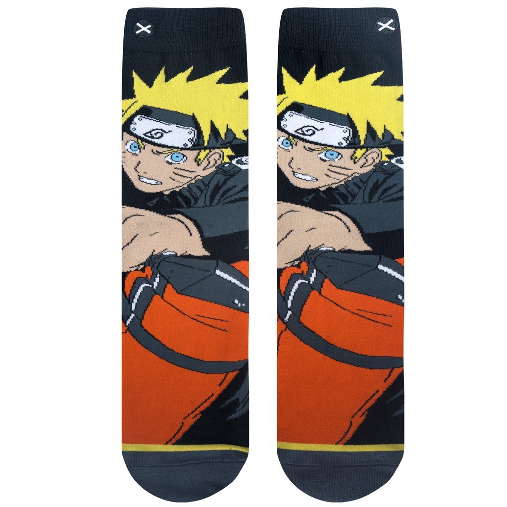 Naruto socks shown upright and front-facing, showing the character bursting across both socks