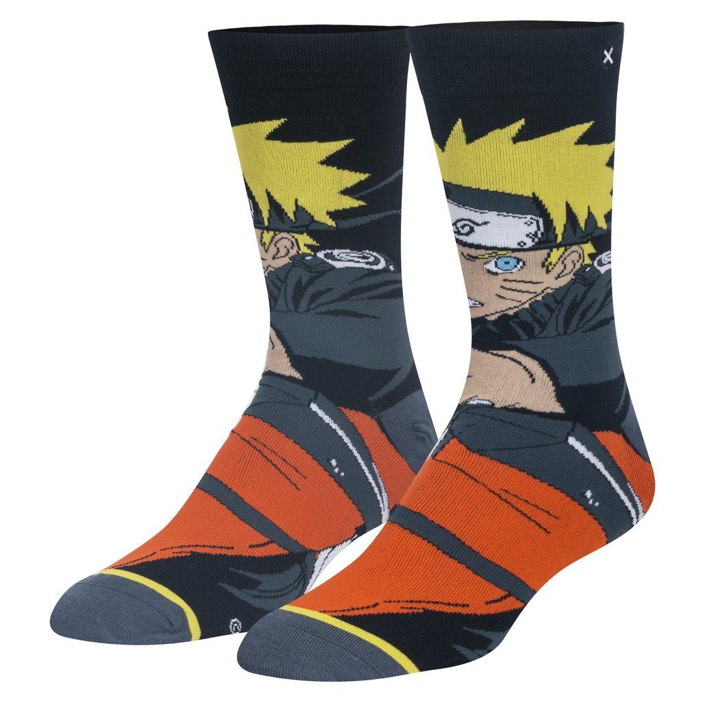 Men's black crew socks shown flat, both featuring Naruto Uzumaki with spiky blond hair, headband and orange jumpsuit