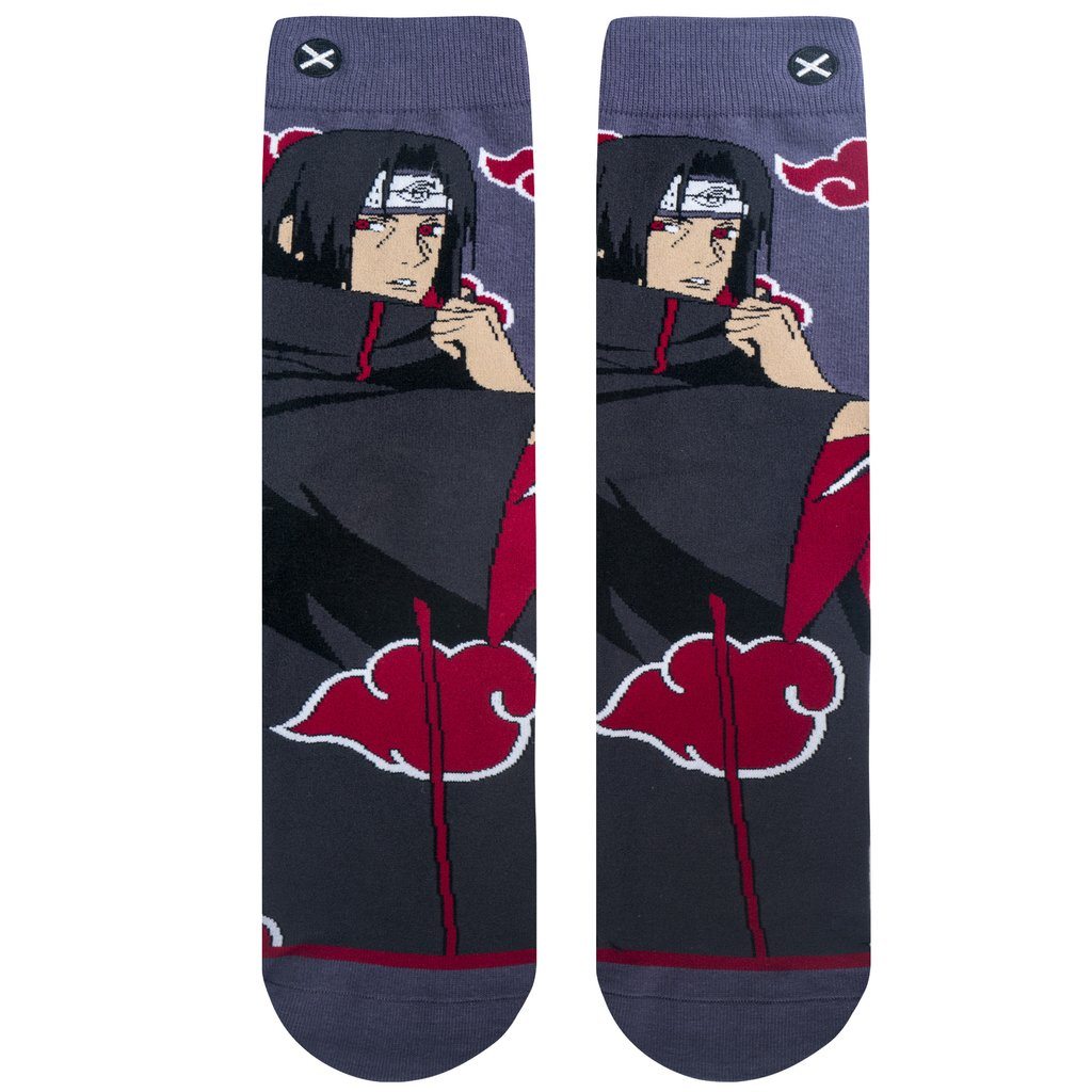 Naruto Itachi socks shown upright and front-facing, showing the character and red cloud cloak on both