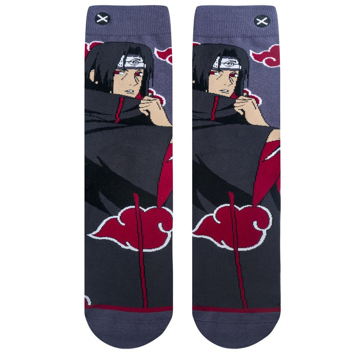 Naruto Itachi socks shown upright and front-facing, showing the character and red cloud cloak on both