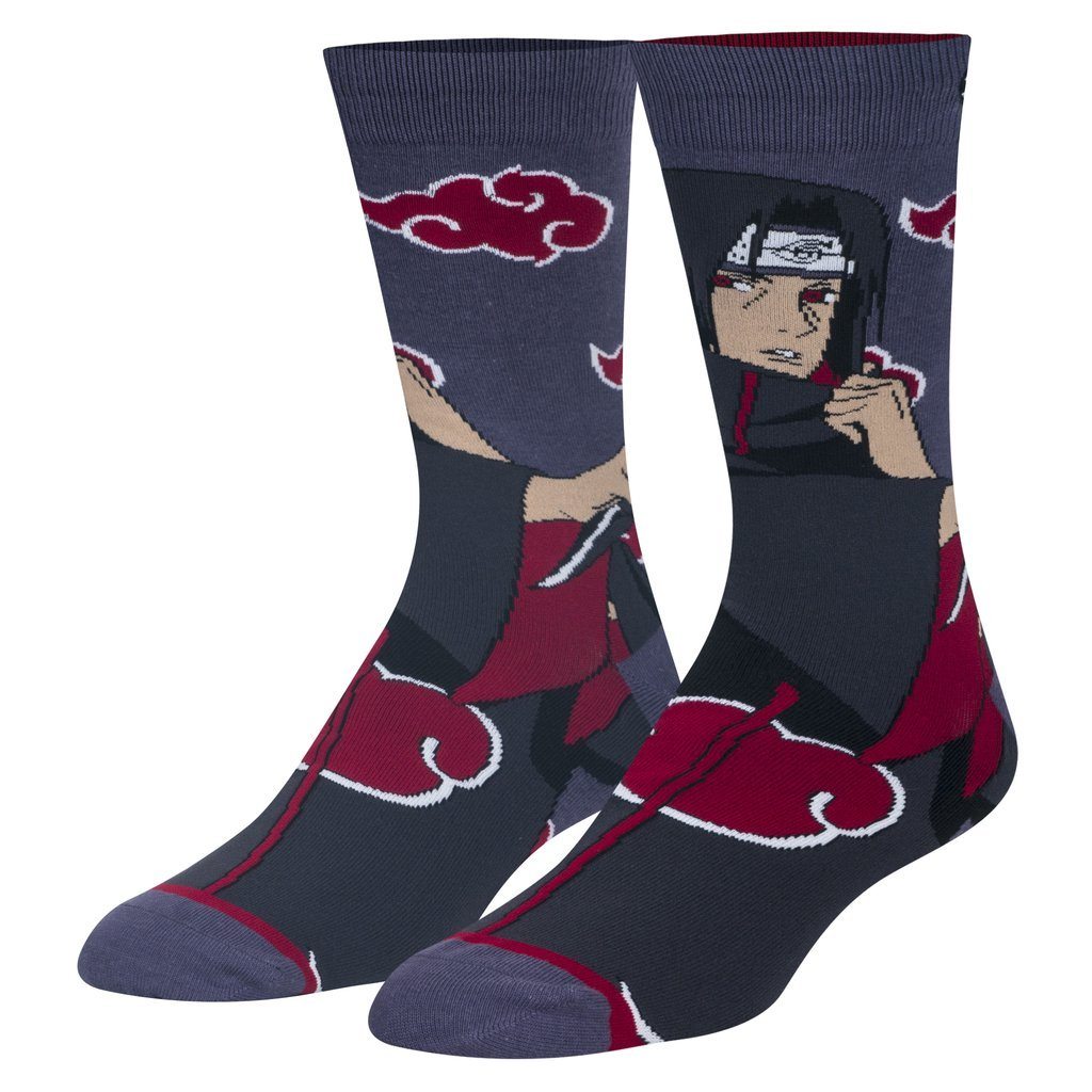 Men's gray crew socks shown flat, one with Itachi Uchiha forming a hand-sign, the other with red Akatsuki clouds