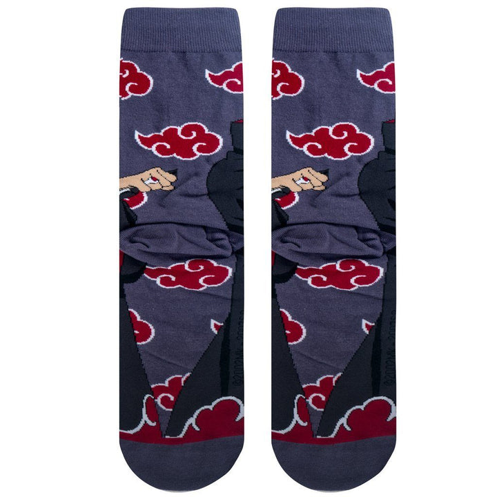 Back view of the Itachi socks, showing the cloaked figure and Akatsuki clouds down the leg