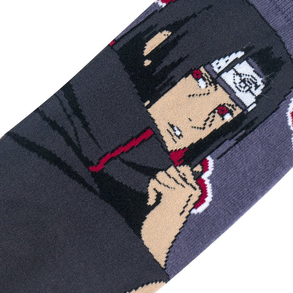 Close-up of Itachi's face and headband knit into the gray Naruto sock