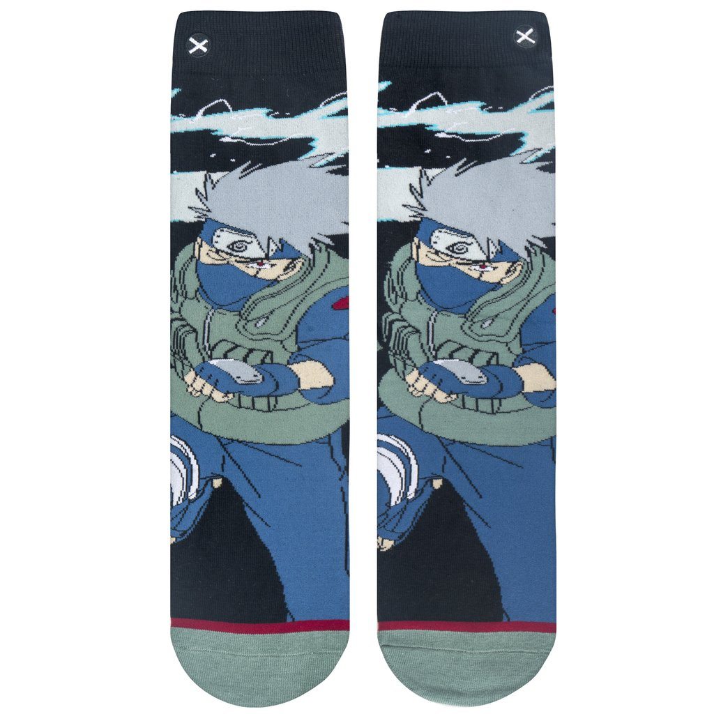 Kakashi socks shown upright and front-facing, showing the Copy Ninja crouched across both socks