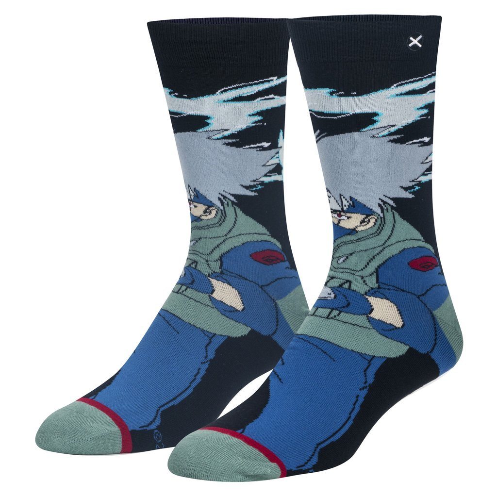 Men's navy crew socks shown flat, both featuring Kakashi Hatake with silver hair, mask and tilted headband