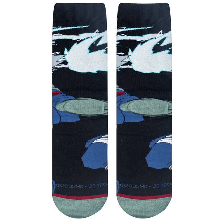 Back view of the Kakashi socks, showing his silver hair and the stormy lightning background down the leg