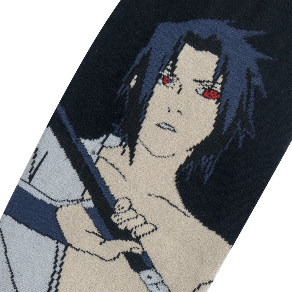 Close-up of the Sasuke sock detail showing his face, red Sharingan eyes and spiky blue-black hair