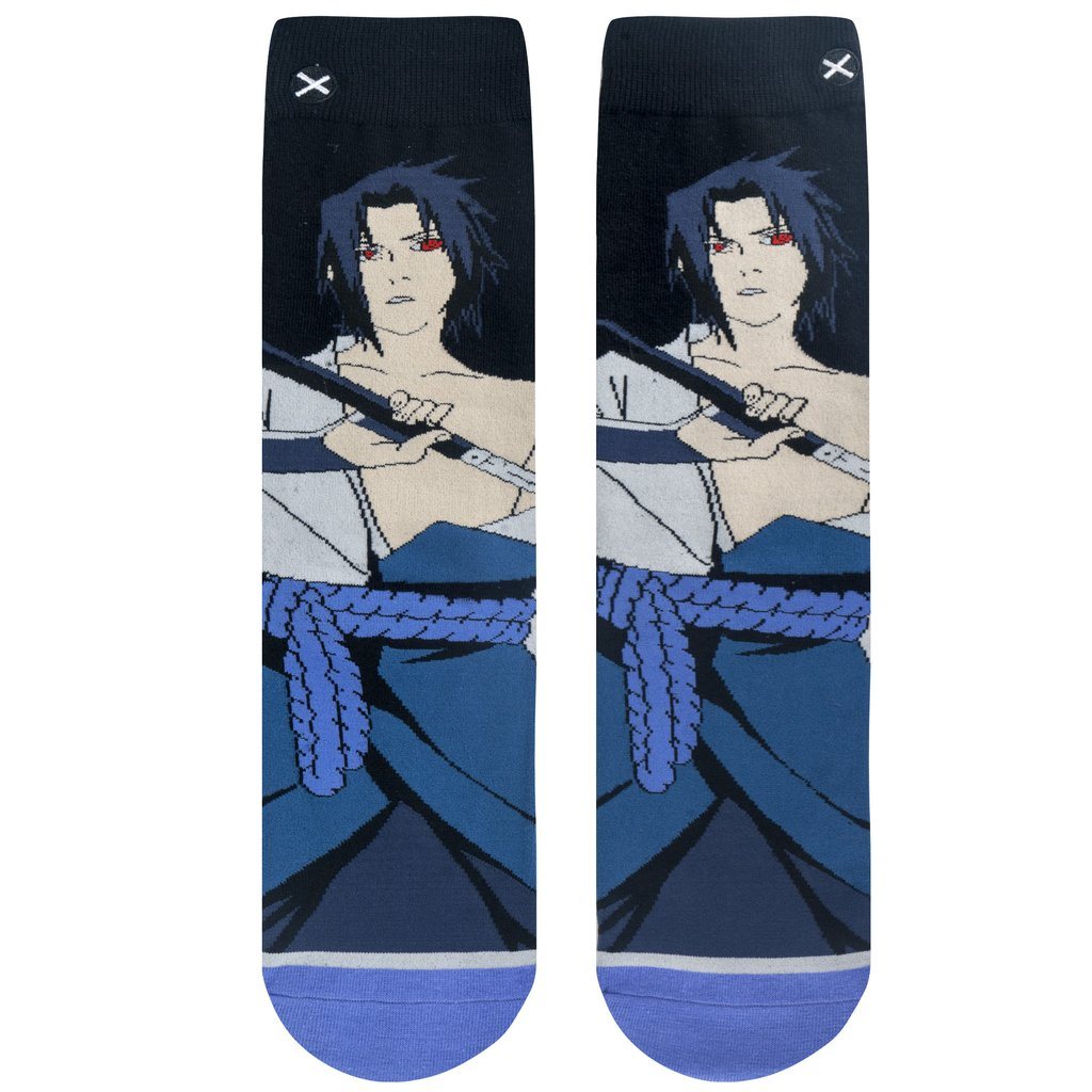 Flat top-down view of the Sasuke socks displaying the full character art with rope belt down the foot
