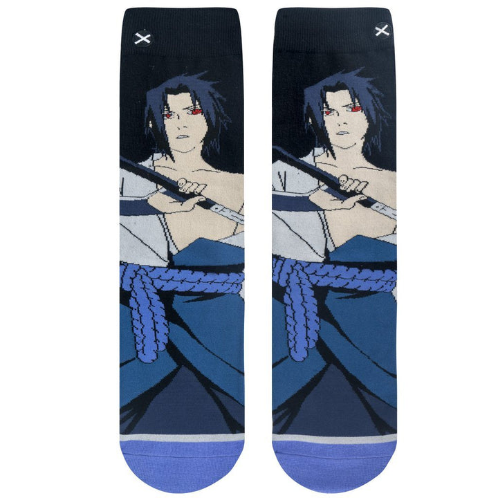 Flat top-down view of the Sasuke socks displaying the full character art with rope belt down the foot