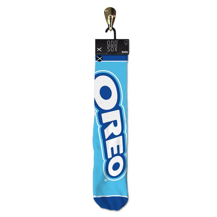 Oreo crew socks shown in Odd Sox packaging hanging on a hook, logo side facing out