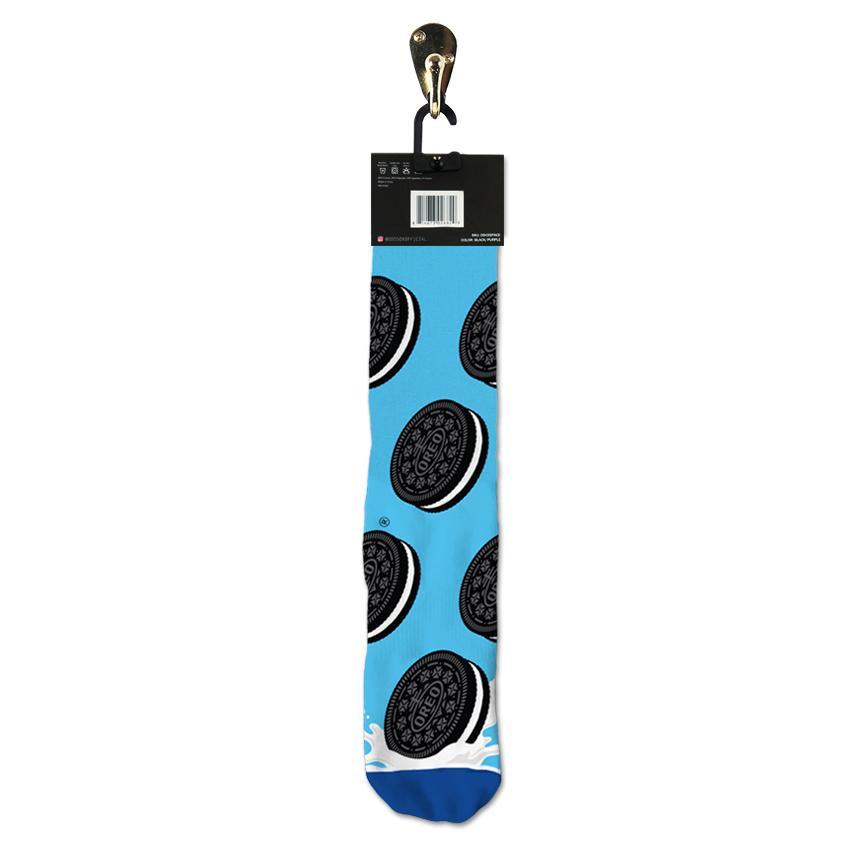 Back of the Oreo crew socks in packaging showing the tumbling cookie pattern and barcode label