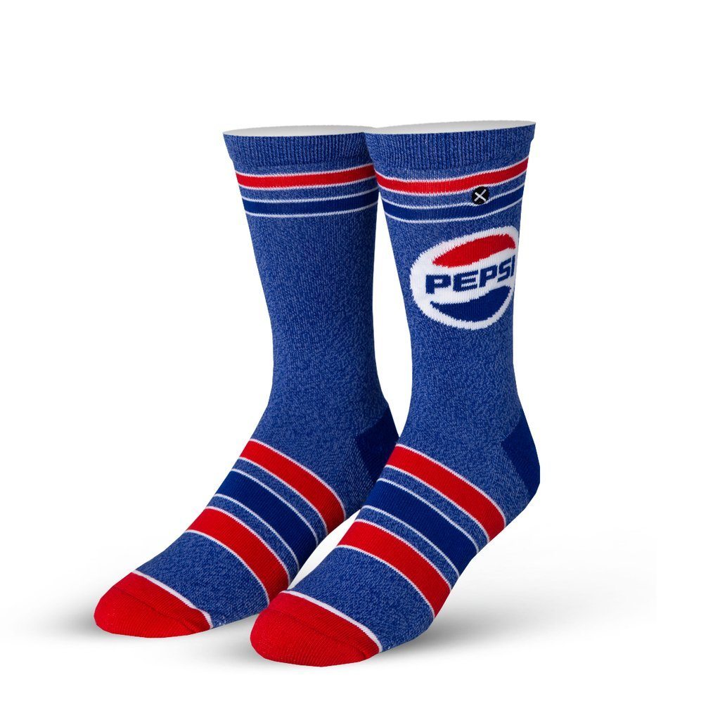 Men's heathered blue Pepsi crew socks displayed as a pair with the red, white, and blue Pepsi logo, striped accents, and red toes