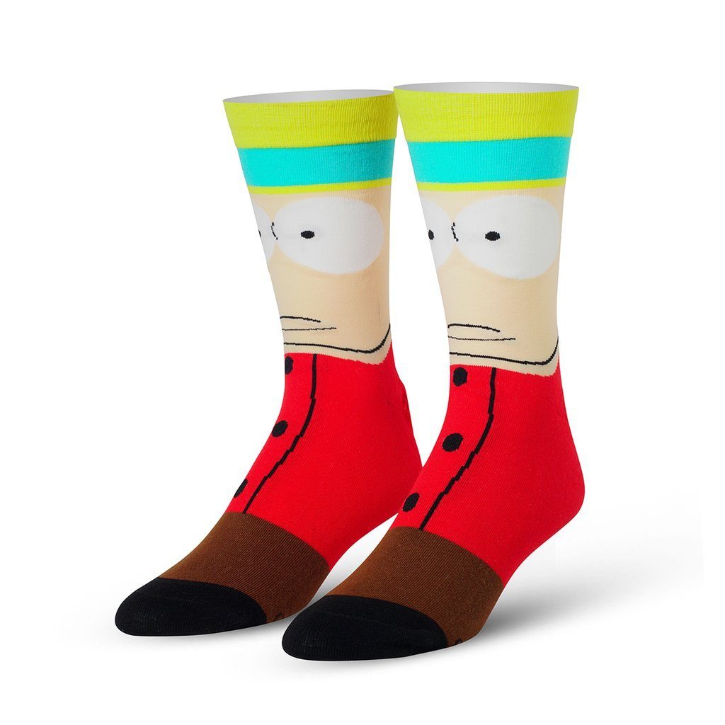 Men's South Park crew socks displayed as a pair showing Eric Cartman's face, yellow beanie, and red jacket with black toes